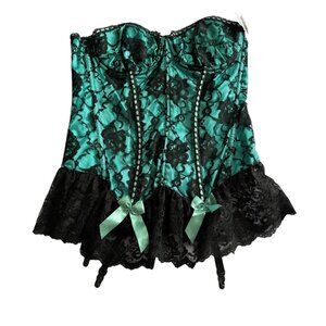 Fredericks Of Hollywood Green Black Lace Corset Bustier G String Size 38 NEW